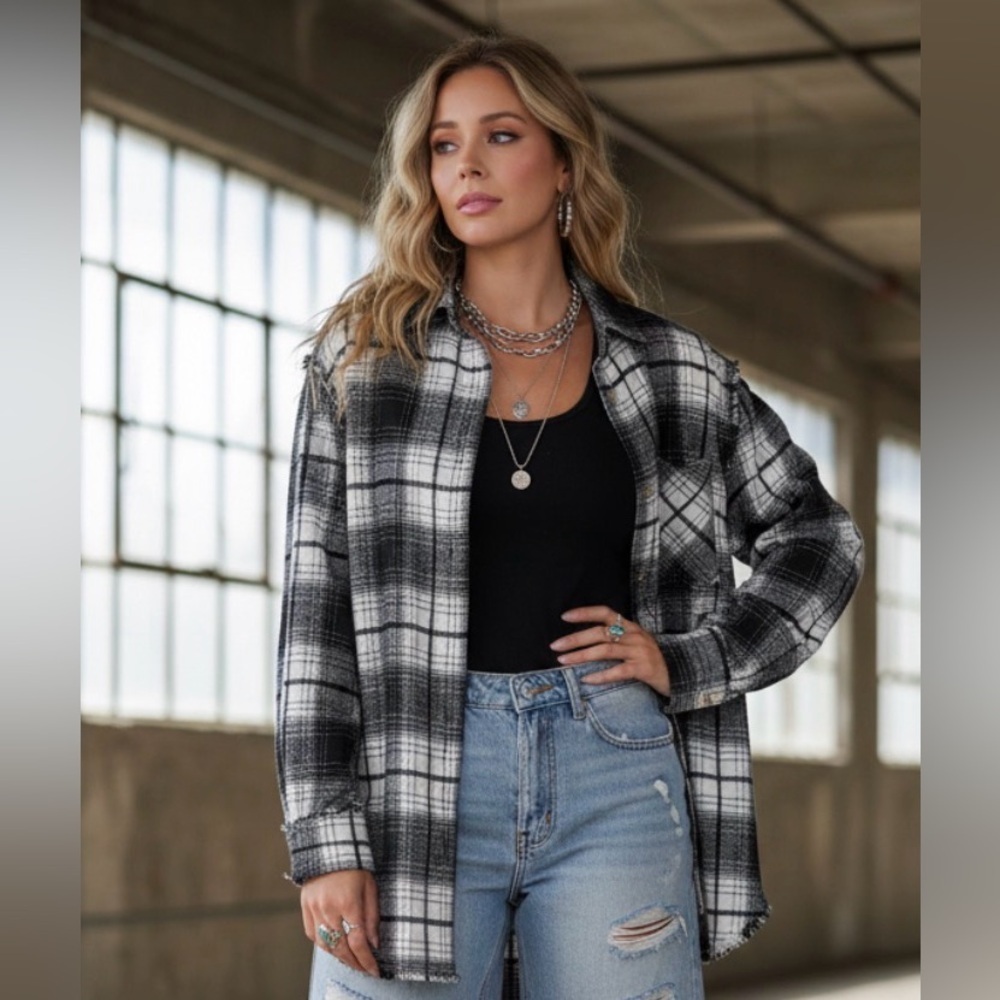 NWT La Miel Raw Edge Button Down Plaid Oversized Flannel Top